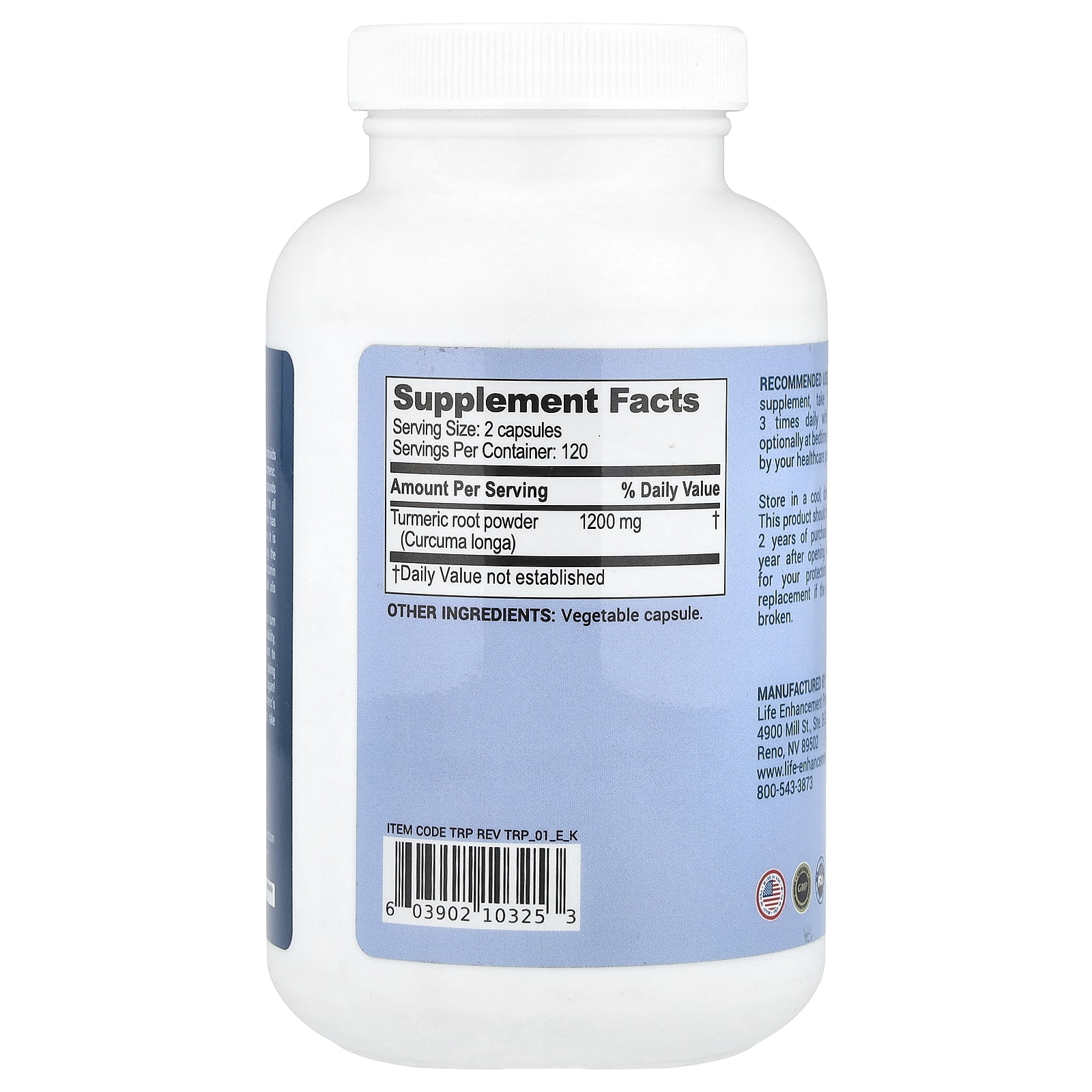 Life Enhancement Turmeric Root Power, 1,200 mg, 240 Vegetarian Capsules (600 mg per Capsule)