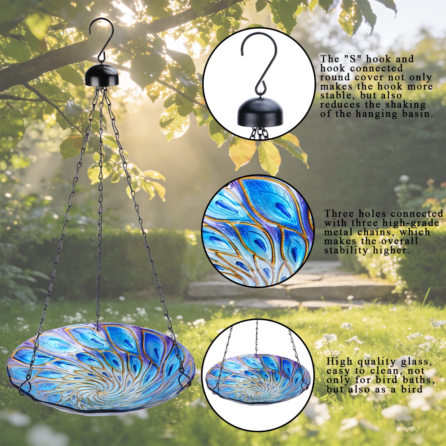 11 inch Hanging Bird Bath Glass BirdBath Peacock Outdoor Birdfeeder for Garden Yard Decoration