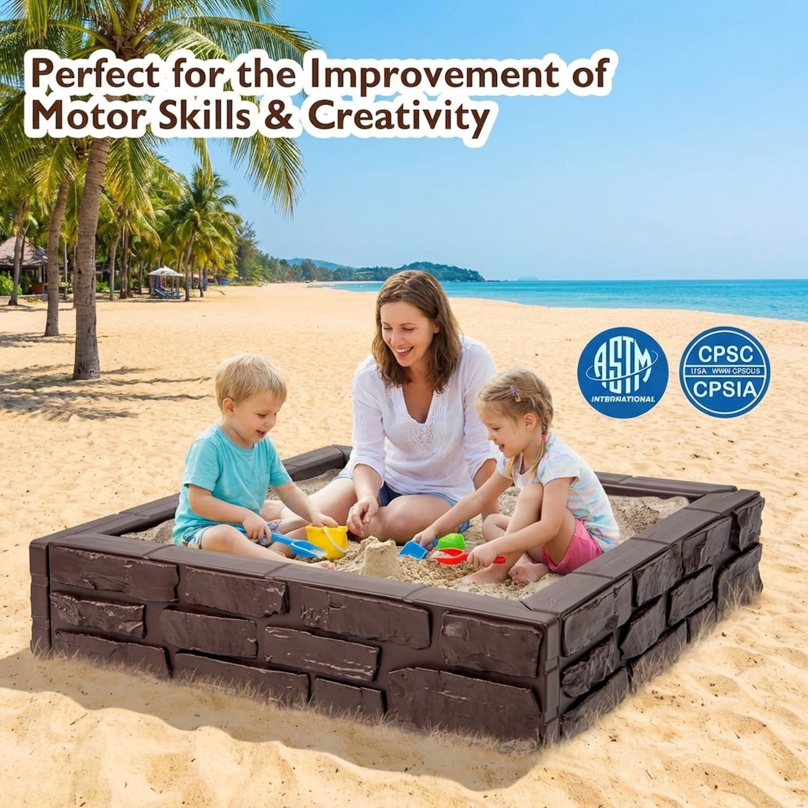 Redsmile Kids Sandbox with Cover, 47x47 Inch Square Sand Box,HDPE Large Sand Box with Bottom Liner for Outdoor Backyard, Beach, Park, Gift for Boys Girls,Brown