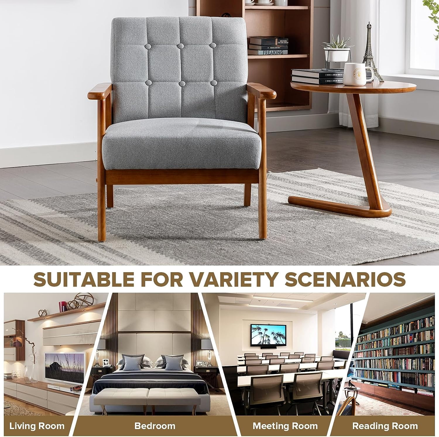 Ufurpie Mid Century Modern Armchair with Wood Frame,Linen Fabric Comfy Reading Chair,Accent Chair for Living Room Bedroom,Light Gray