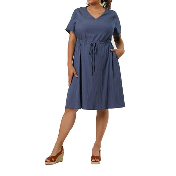 Unique Bargains Women's Plus Size V Neck Short Sleeve Chambray Denim Dresses 1X Dark Blue