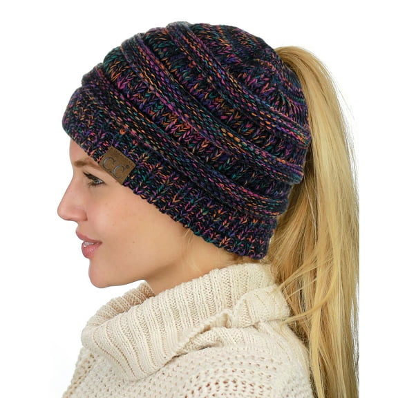 C.C BeanieTail Soft Stretch Cable Knit Messy High Bun Ponytail Beanie Hat, Black/Multi