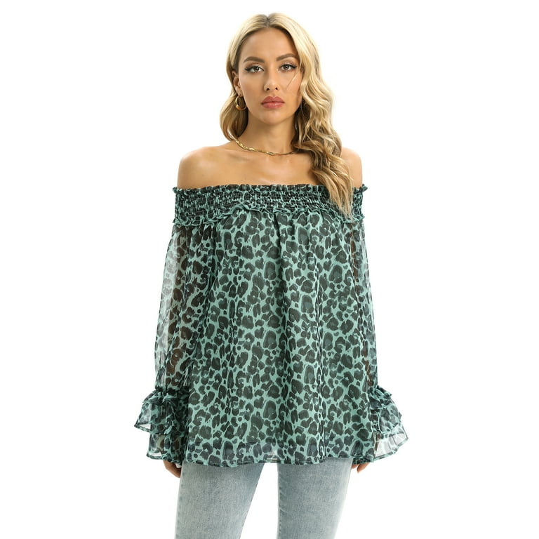 Xmarks Women s Leopard Print Off Shoulder Long Sleeve High Low Blouses Tops Green L