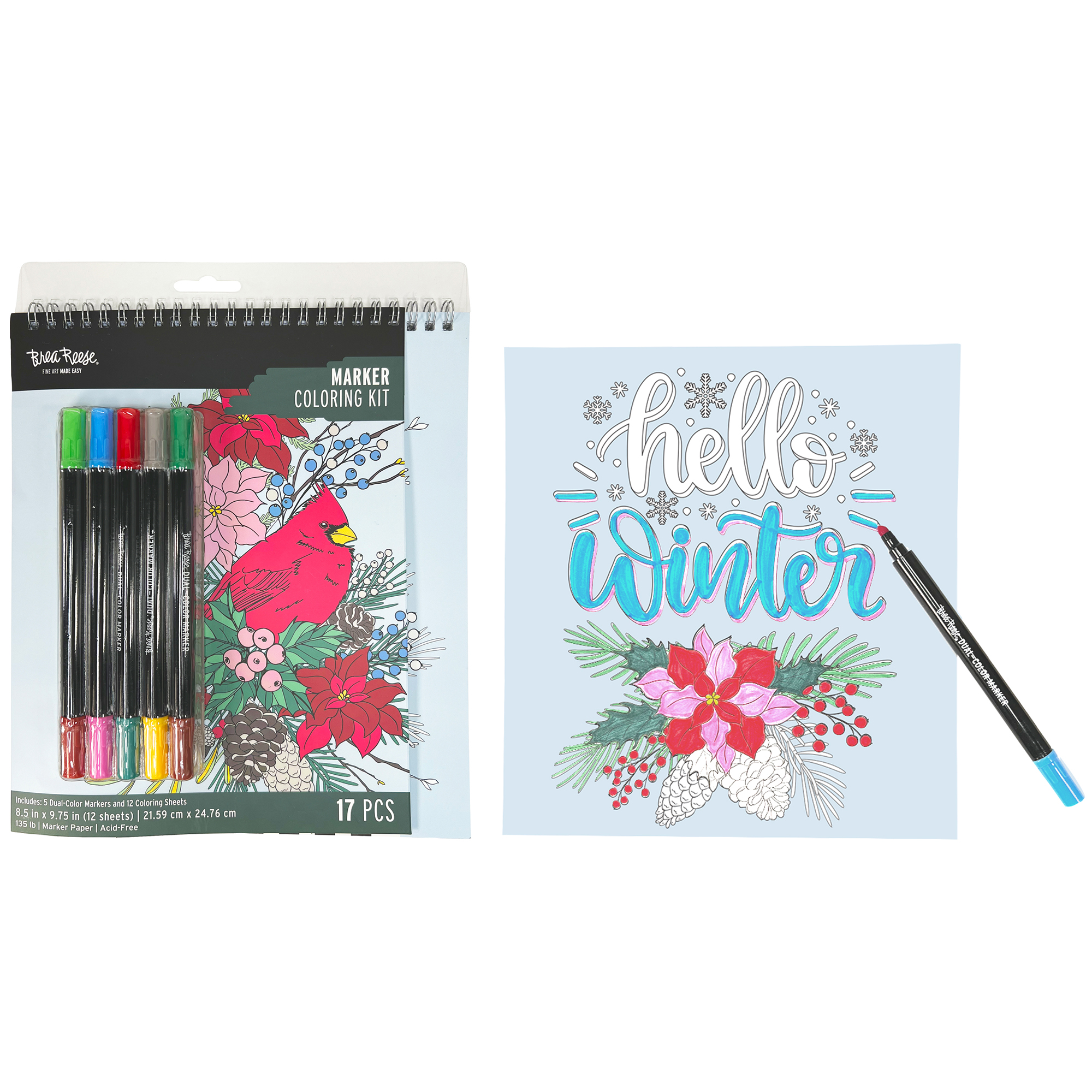 Brea Reese: Marker Coloring Kit - Cardinal - 5 Dual-Sided Markers, 12 Holiday Bird-Themed Coloring Pages, Festive Spiral-Bound Art Pad, Adult Craft