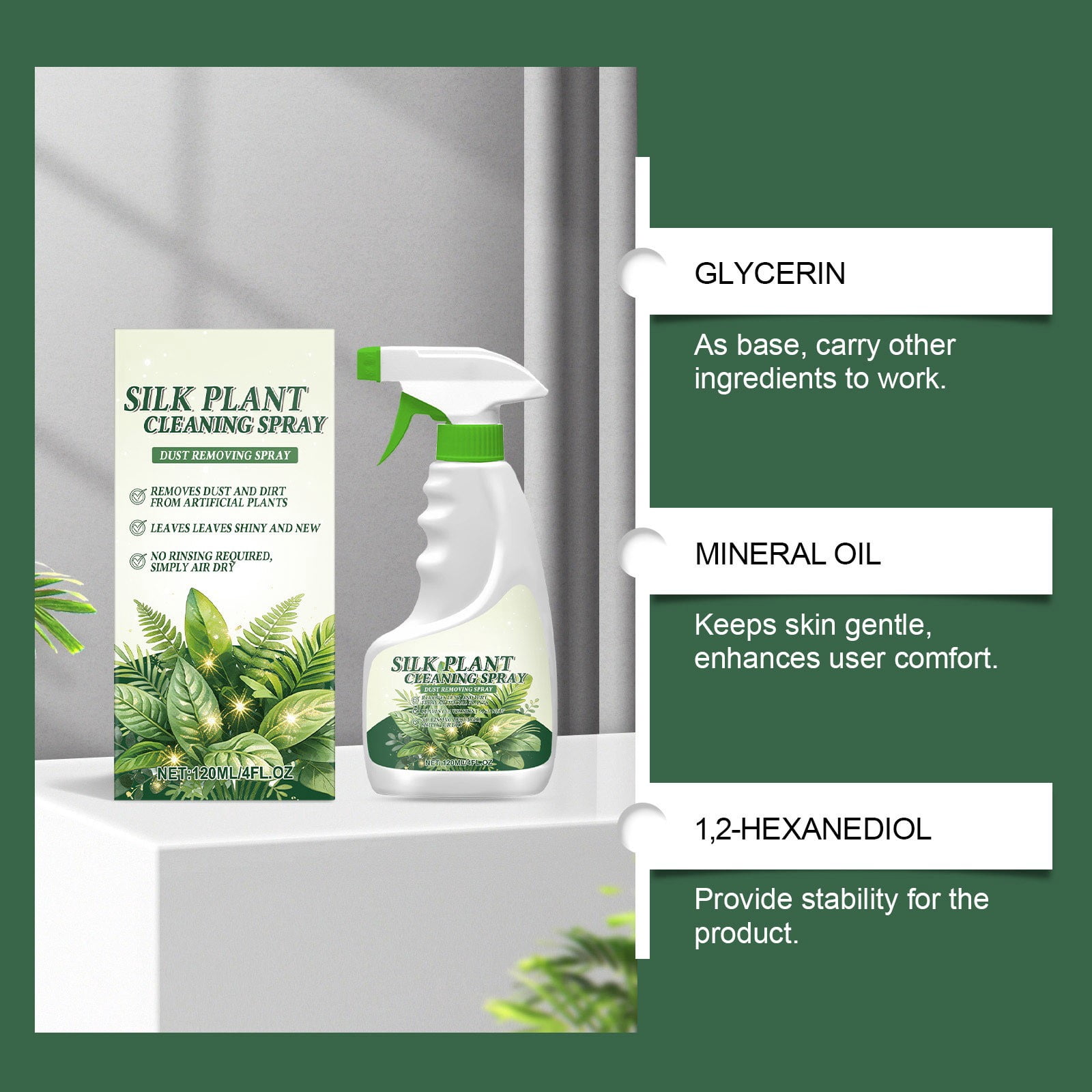 Silk Plant Cleaner Spray, Silk Flower Cleaner Spray, Dust Remover for Fake Plants, No Wipe, Quick Drying for Artificial Flower 4Oz 1Pc