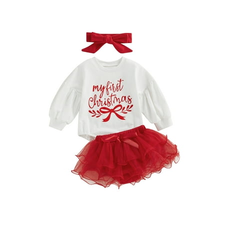 

Douhoow Christmas Infant Girls Sweet Clothes Long Sleeve Letter Romper+Mesh Tutu Shorts