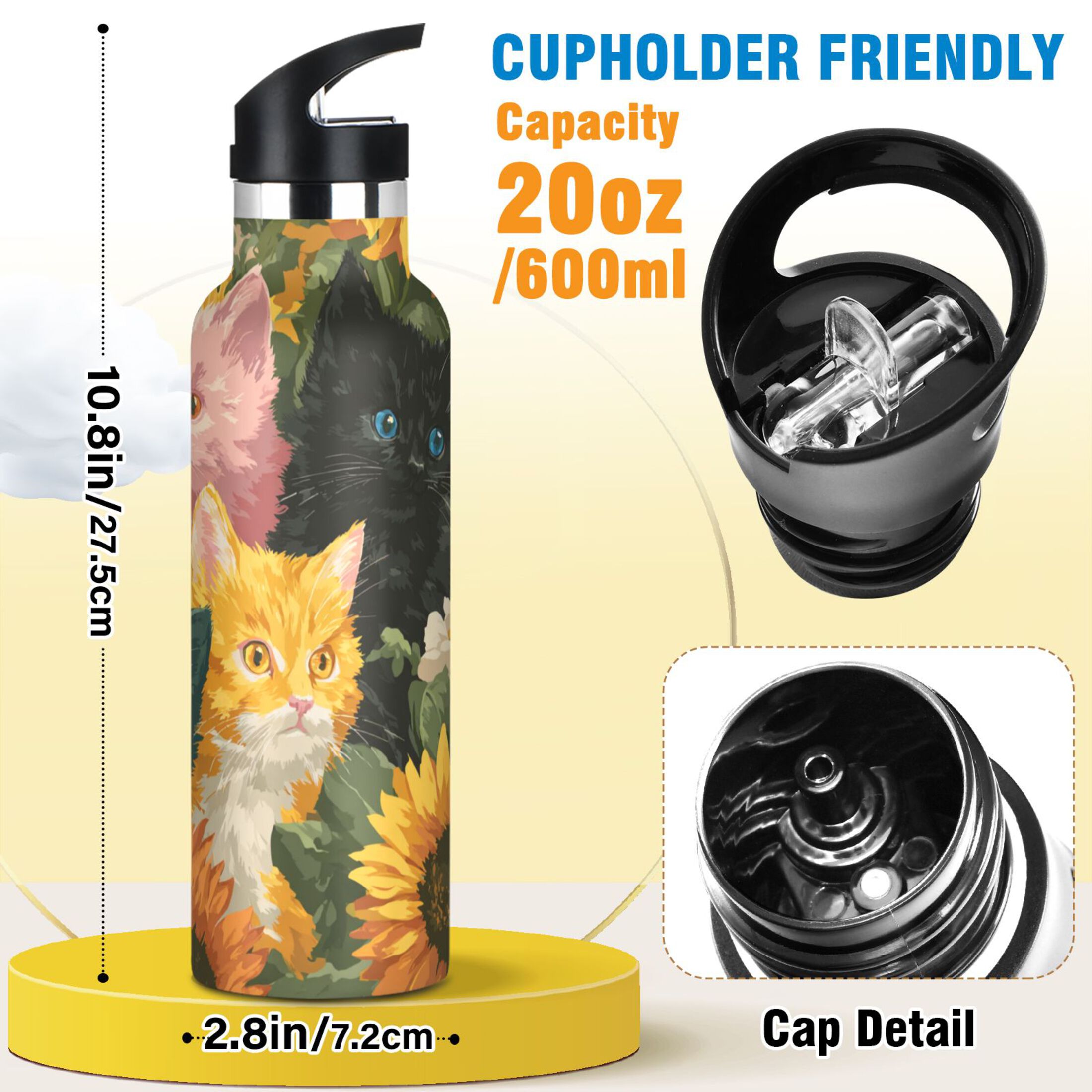 Kids Insulated Stainless Steel Sports Water Bottle 600ml (20oz) Various Colors Cat