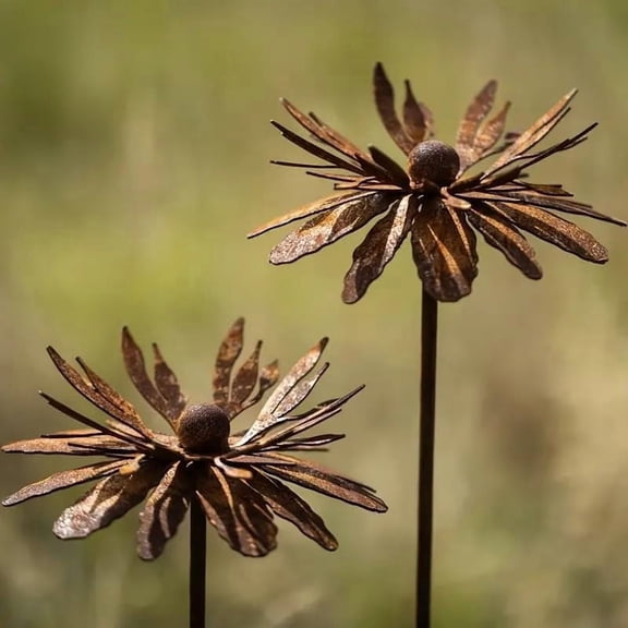 2Pcs Vintage Rusty Cornflower Statue Stake 12 Inch Metal Artistic Wire Art Decor Rustic Garden Sculptures For Lawns Yard Patio Home Farmhouse