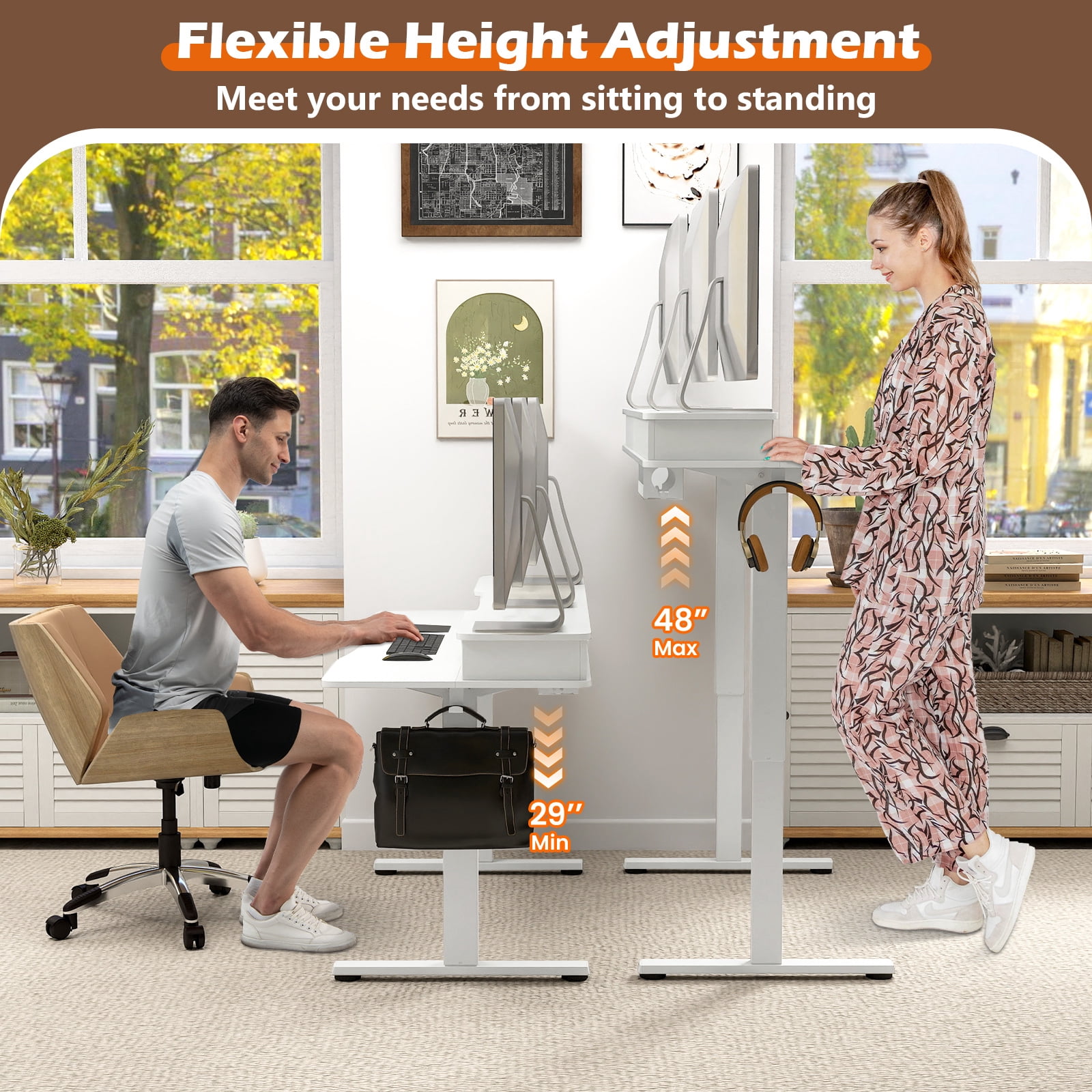 Topbuy 63" x 24" Standing Desk with Drawers Electric Stand-up Desk with Monitor Stand White