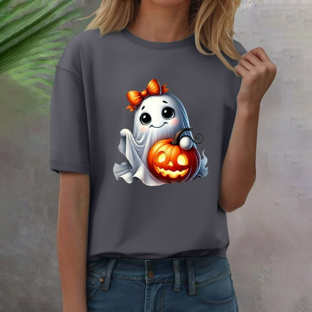YLHFASHION T-shirt d'Halloween pour Femmes Manches Courtes Col Rond Imprimé Citrouille Décontracté Automne