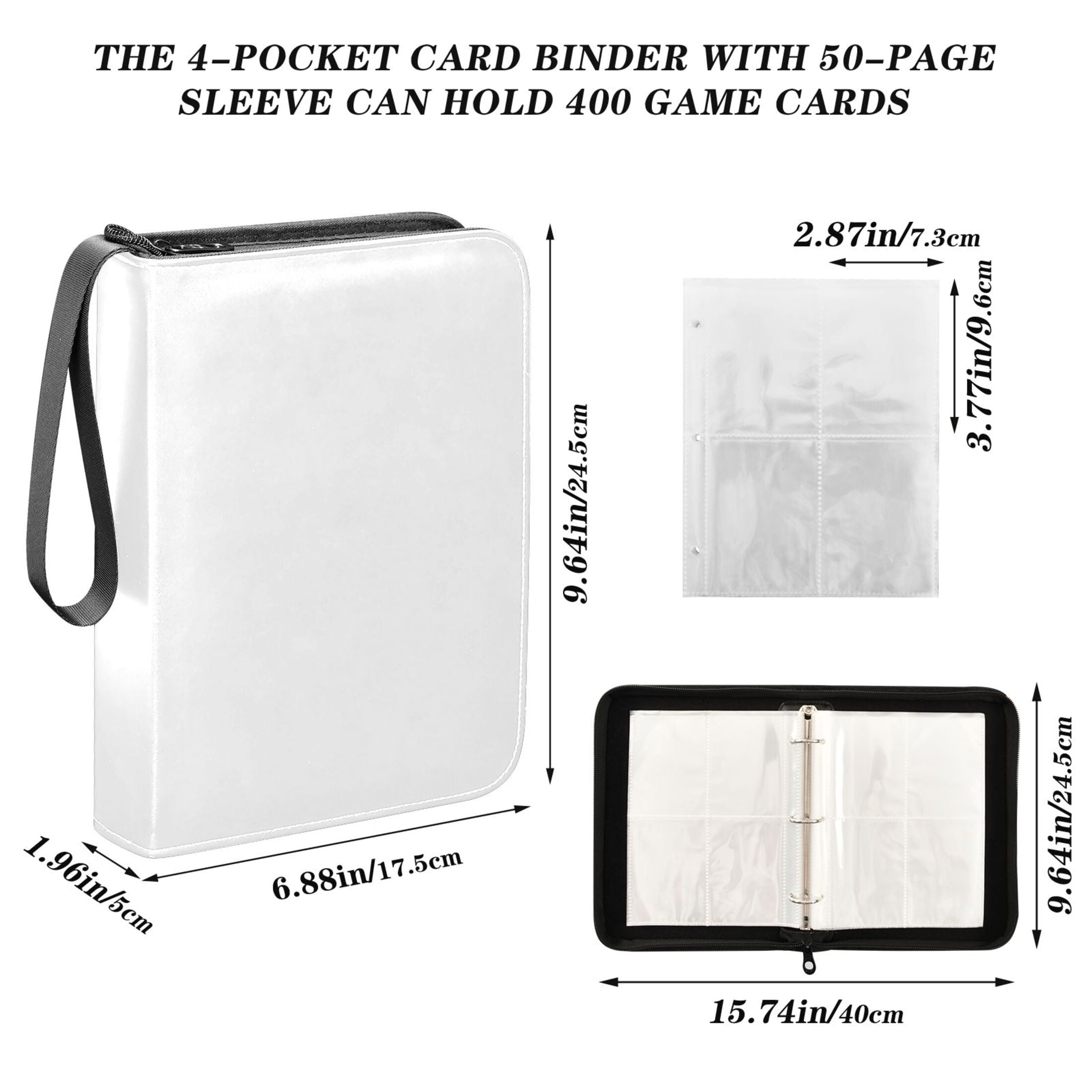 Trading Card Binder Album 400 Pockets 50 Removable 4-Pocket Pages Waterproof White