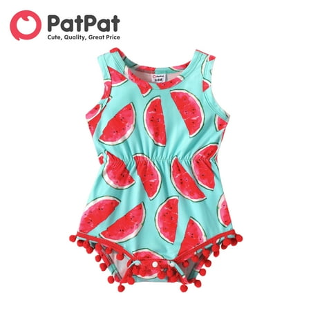 

PatPat Baby Girl Allover Watermelon Print Pom Poms Design Sleeveless Romper