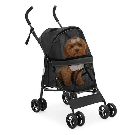 BEZT Pet Stroller with 4 Wheels Pet Stroller, Easy-Fold Puppy Cage Jogger Stroller with Sun Cover, Pad and Rear Storage Bag, Breathable and Visible Mesh for Small/Medium Pets,Black