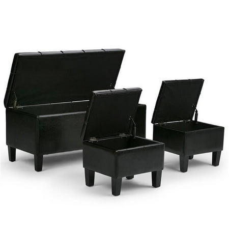 Simpli Home - Dover Rectangular Faux Leather Storage Ottoman Bench (Set of 3) - Midnight Black