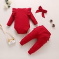 thumbnail image 7 of Kids Girl Wine 3 Piece Outfit Set Ruffled Long Sleeve Bodysuit Pants with Bow Headband Snap Closure Newborn Photoshoot Clothes 0-24 Months,Size 6-12 Months, 7 of 7