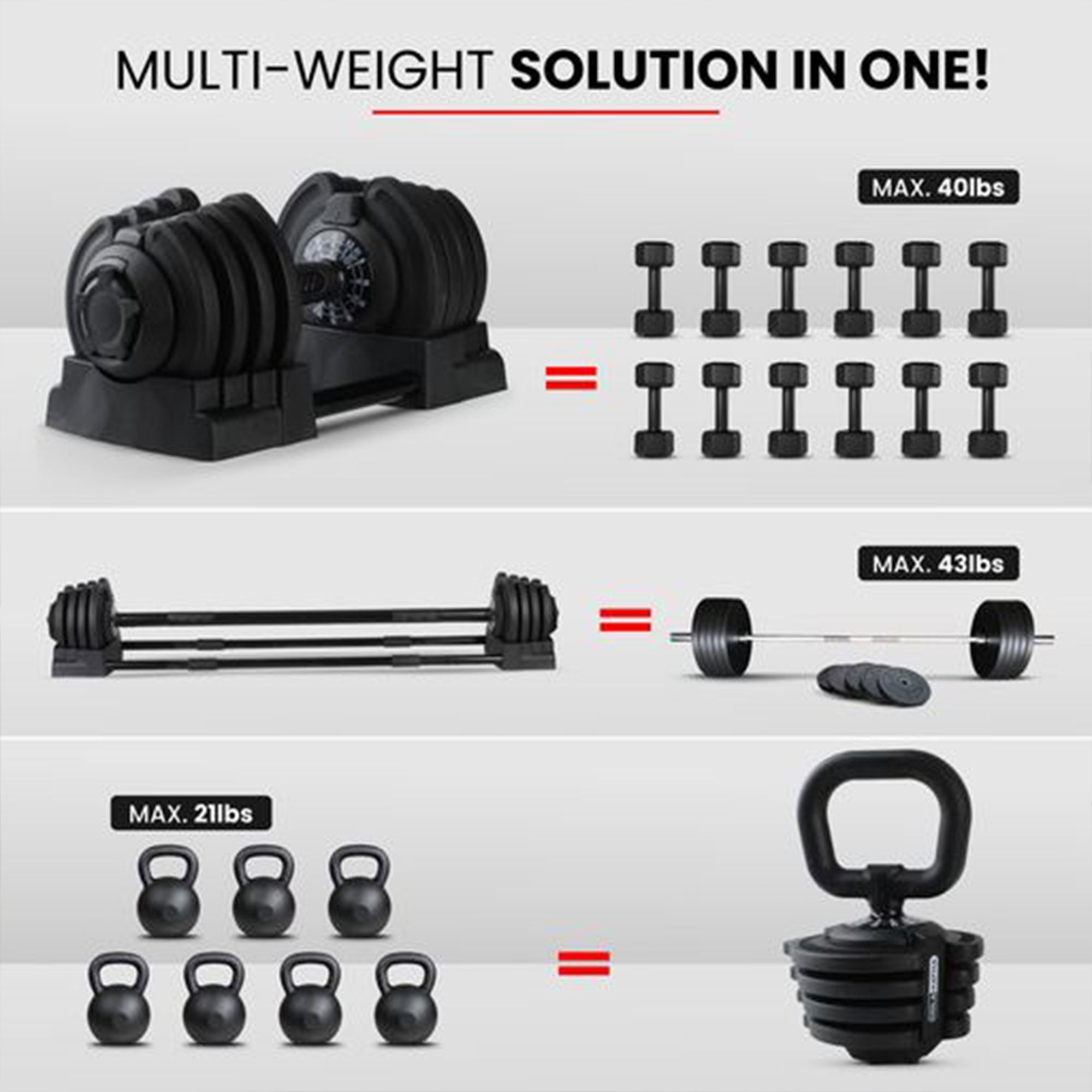 Open Box HolaHatha 3-in-1 Home Gym Workout Dumbbell Set Equipment, Black