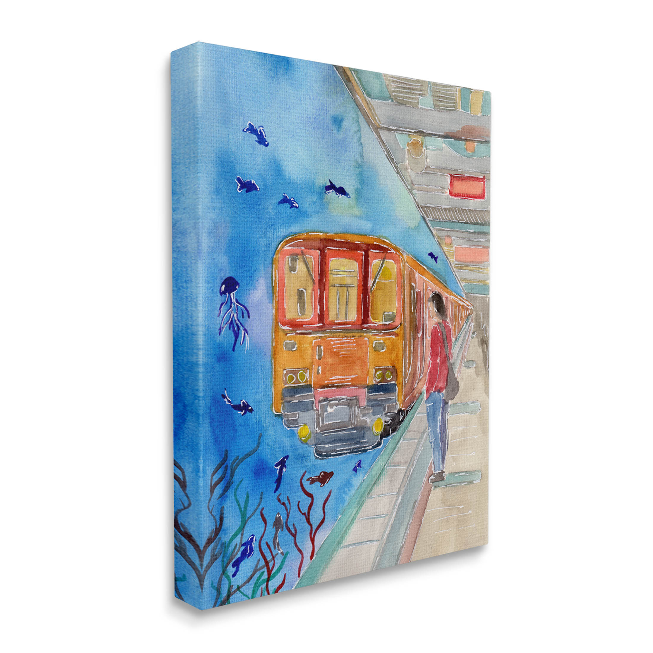 Underwater Aquarium Subway Train Landscape Painting Gallery Wrapped Canvas Print Wall Art