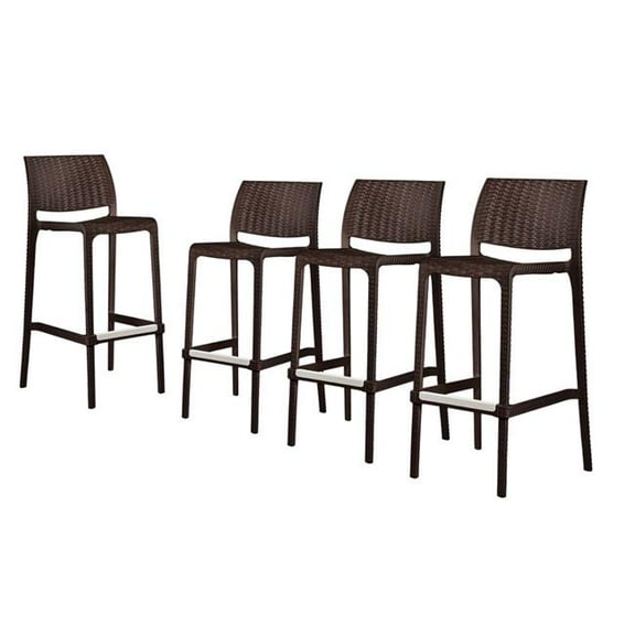 HomeRoots 565348 30 in. Brown Faux Rattan Heavy Duty Plastic Low Back Outdoor Bar Height Chairs - Set of 4