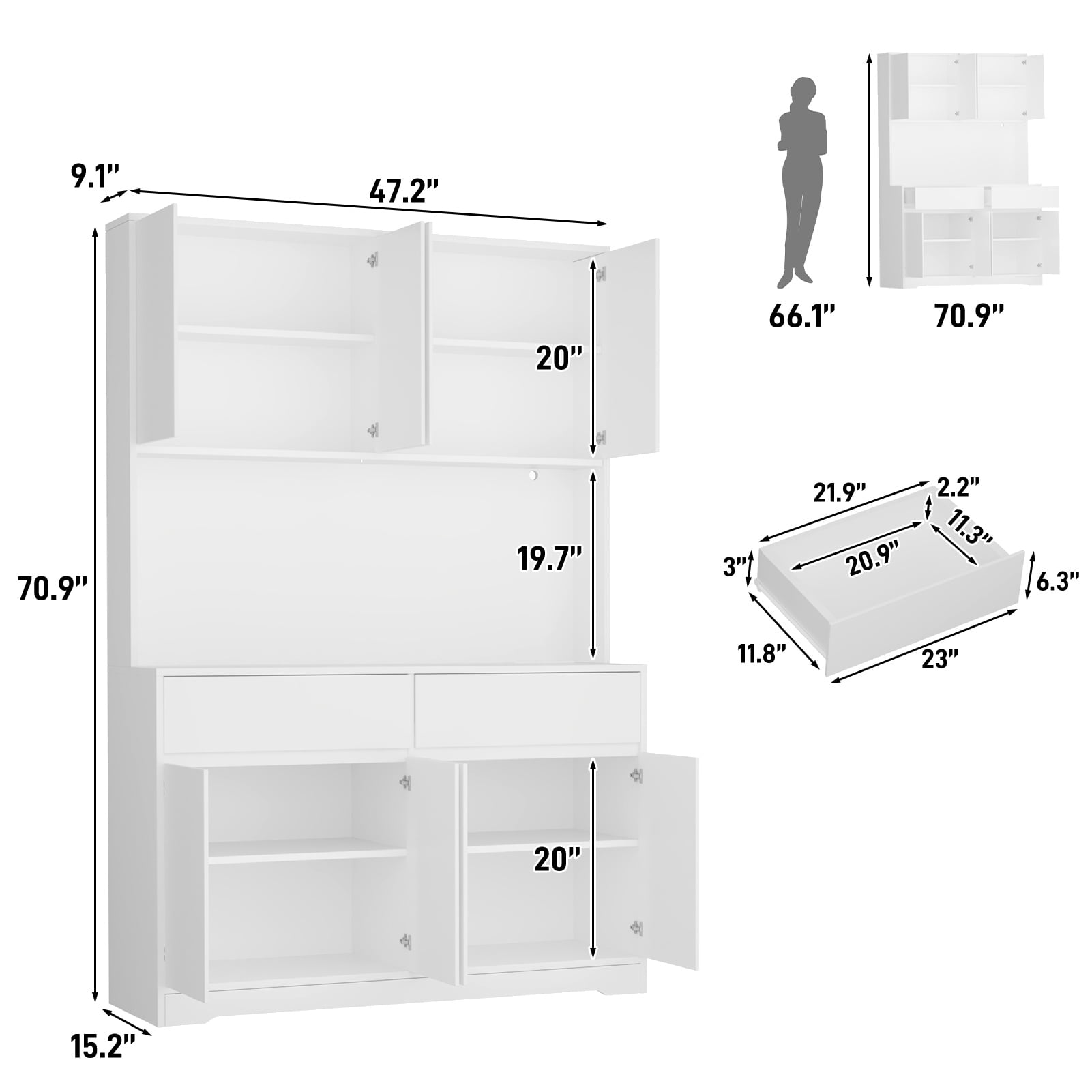 71" Tall Kitchen Pantry with LED Light & Charging Station, 8 Door Kitchen Cupboard with Large Storage and Microwave Stand, Freestanding Hutch Cabinet for Dining Living Room