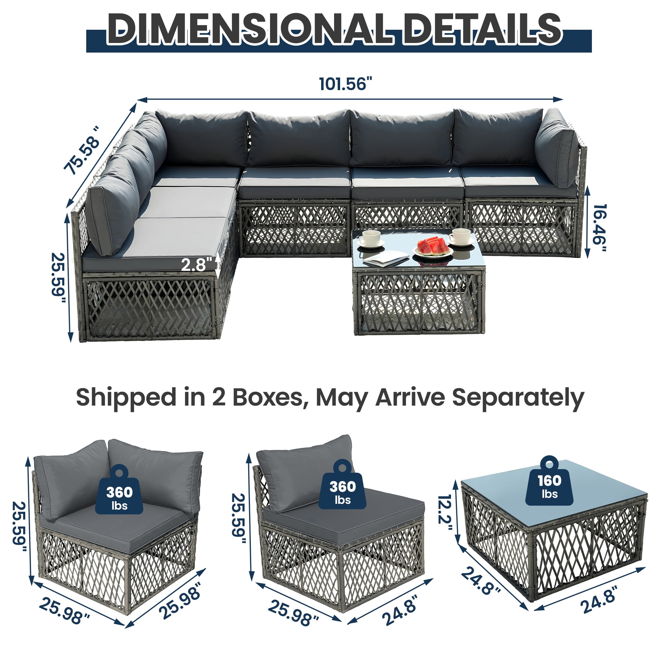 7 Piece Rattan Sectional Sofa Set, Outdoor Conversation Set, All-Weather Wicker Sectional Seating Group with Cushions & Coffee Table, Morden Furniture Couch Set for Patio Deck Garden Pool