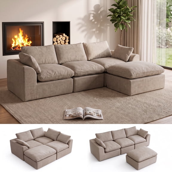 108" Modern Cloud Couch, Plush L Shaped Sectional Couch with Ottoman, Comfy Boneless Couch Modular Sofa, High-Density Memory Foam Deep Seat, No Assembly Required, Pet-Friendly, Khaki