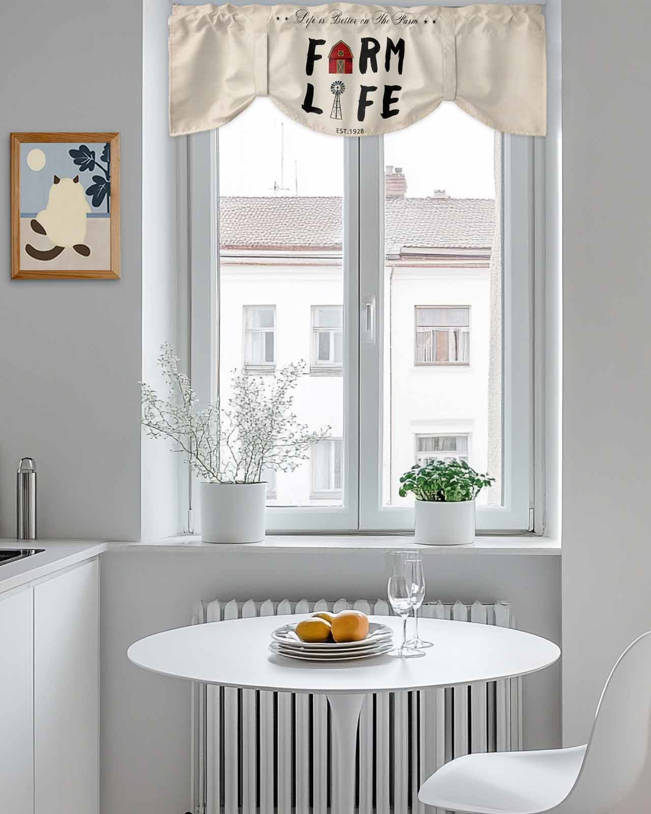 Farm Life Tie Up Valances Curtain, Adjustable Kitchen Barn Cow Chicken Pig Farmhouse Valances for Windows Decor, Rod Pocket Short Curtains Set for Bedroom/Bathroom, 60"x18"