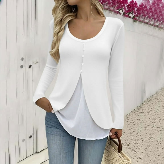 asjyhkr Plus Size Womens Blouses 2 In 1 Long Sleeve Button Crew Neck Shirts Fashion Casual Breathable Vacation Shopping Tops,Size S-5XL