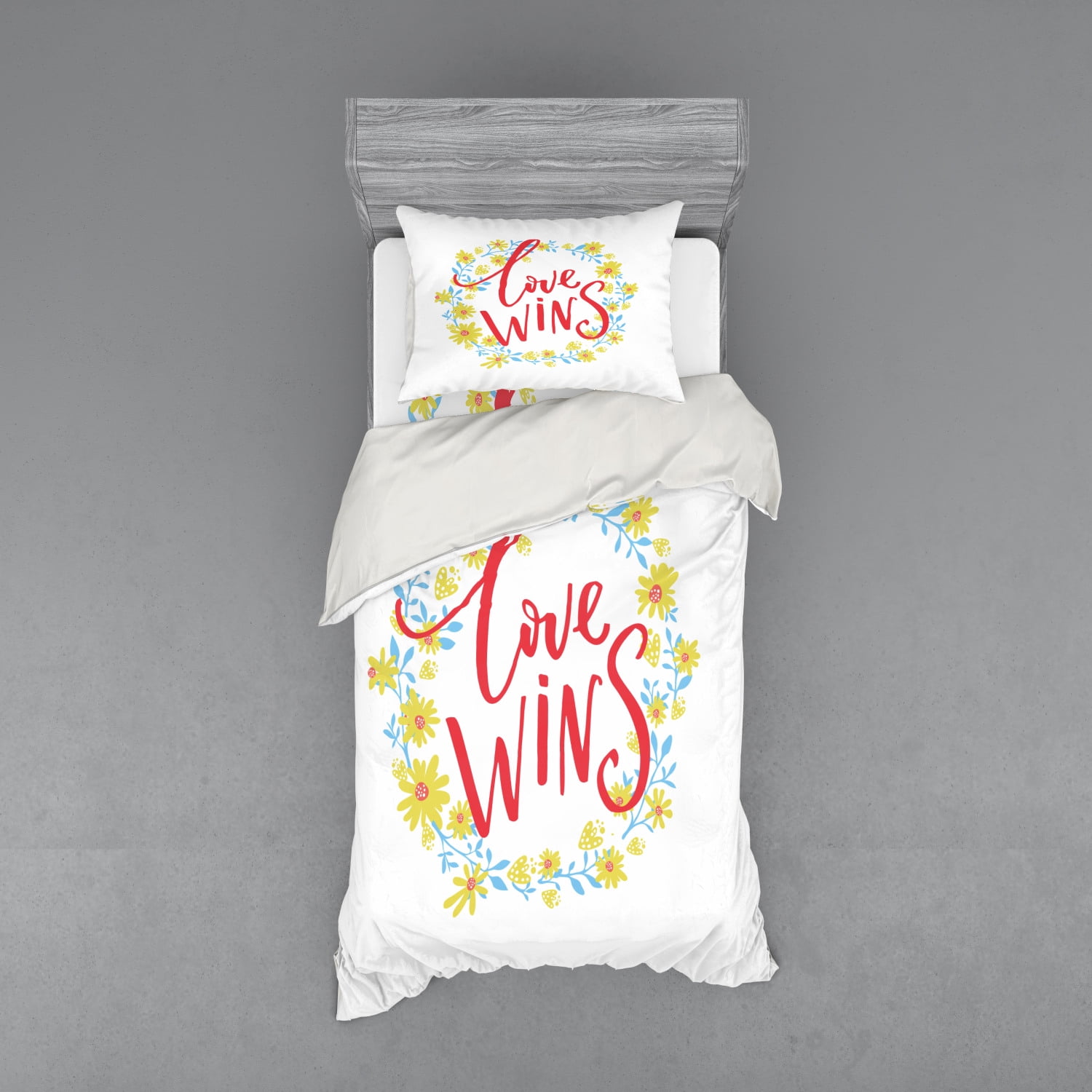 Romantic Duvet Cover Set, Love Wins Words in Floral Wreath Motivational