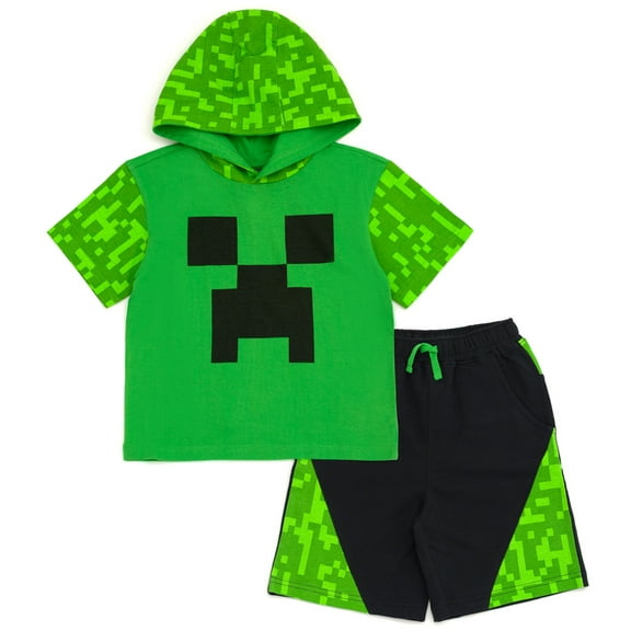 Minecraft Creeper Hooded Cosplay T-Shirt and French Terry Shorts Outfit Set Toddler to Big Kid