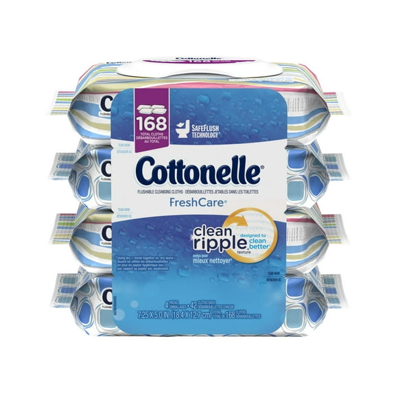 Cottonelle Recharge de Lingettes Nettoyantes Jetables Fresh Care, Texture CleanRipple, Technologie de Chasse d'Eau Sûre, Pack de 2