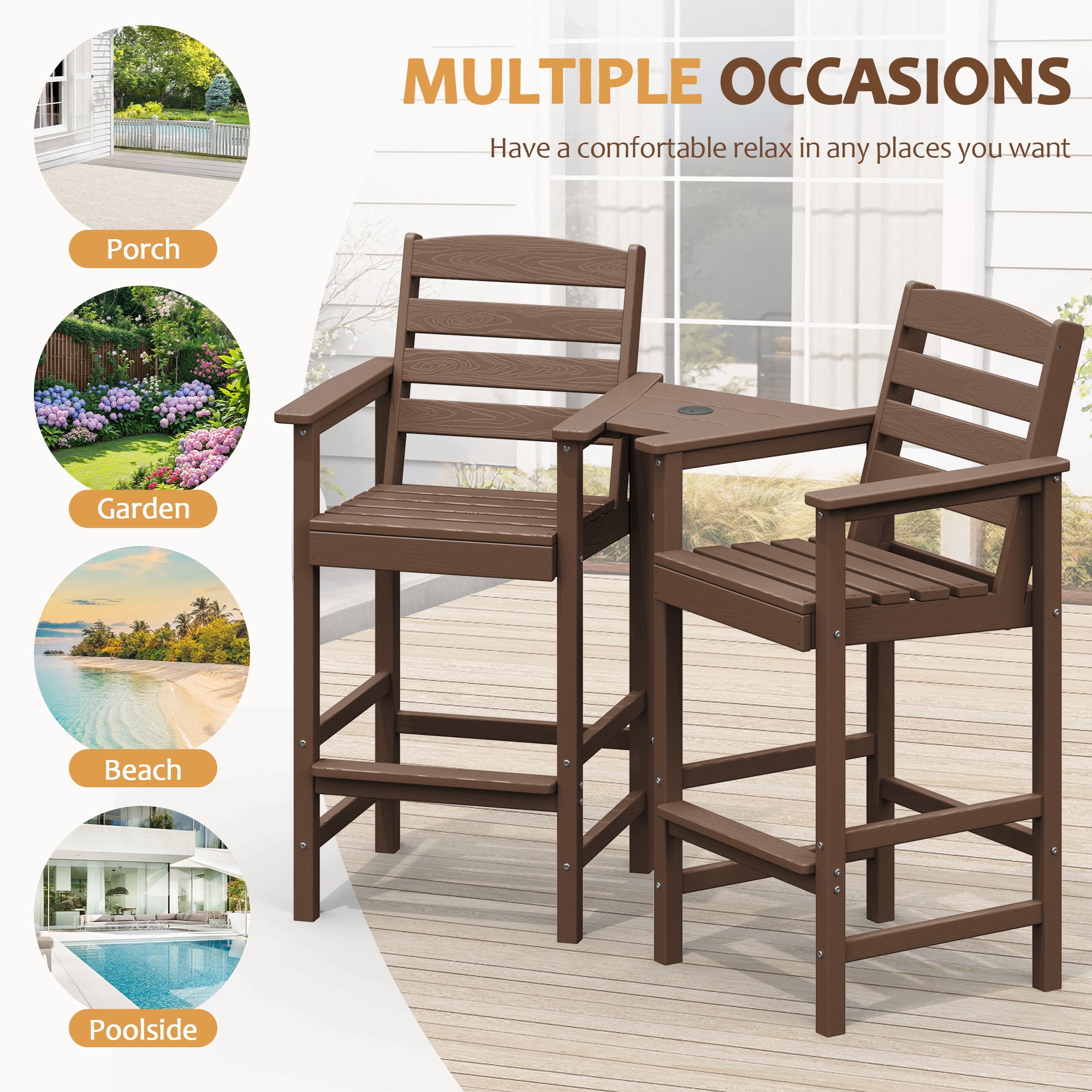 RIAFUN HDPE Height Bar Stools Set of 2 with Removable Connecting Table, Weather Resistant Outdoor Tall Adirondack Chairs with Umbrella Hole for Patio, Poolside, Garden, Brown