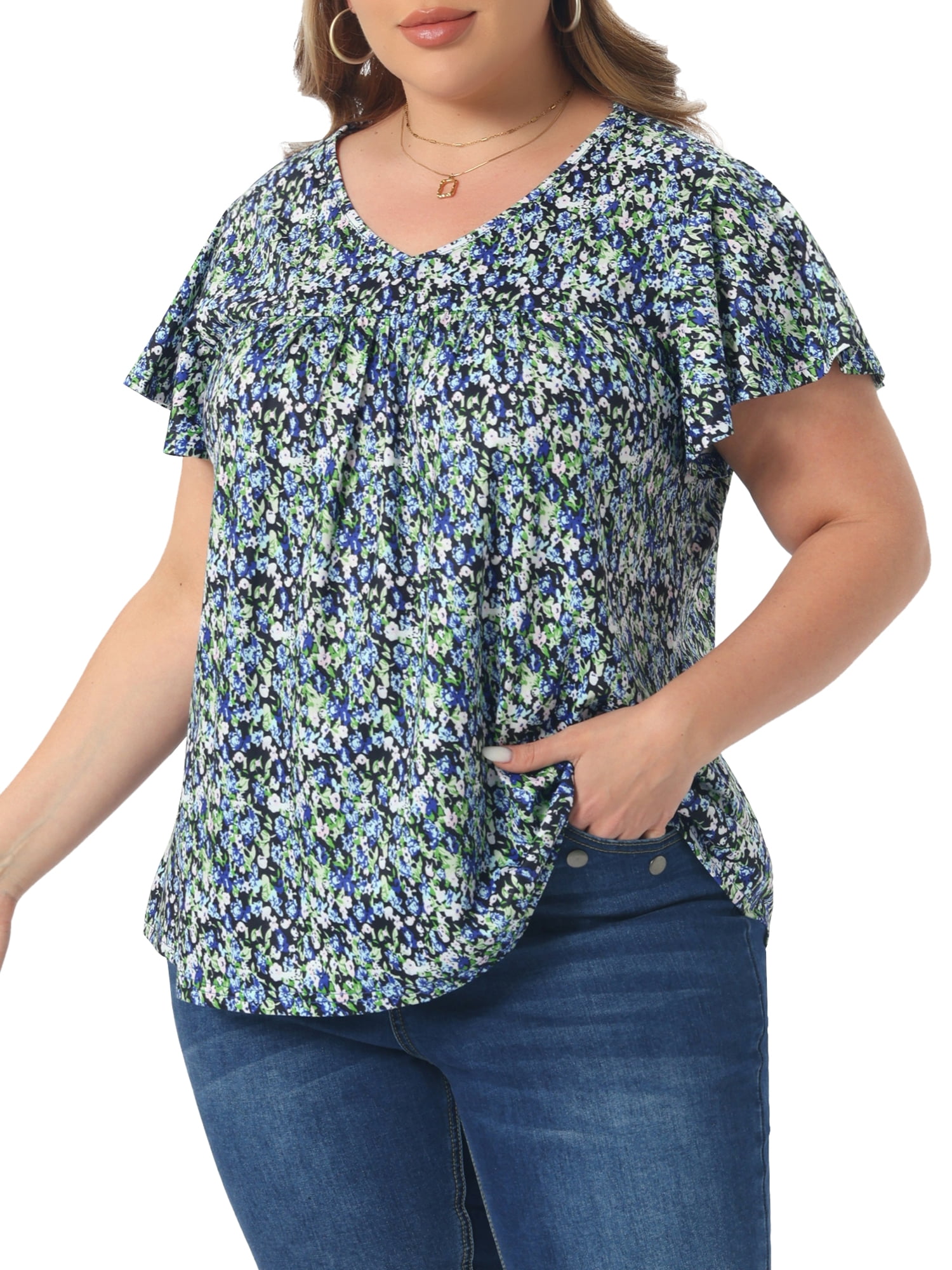 DARING DIVA Women's Plus Ruffle Boho Floral T Shirt 2X Navy Blue