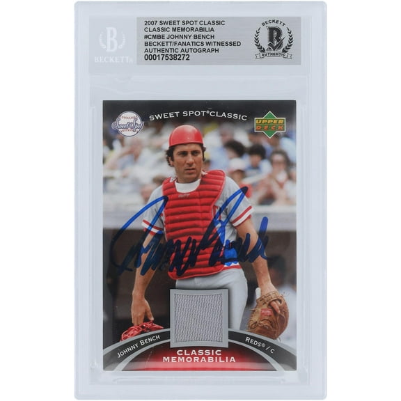 Johnny Bench Cincinnati Reds Autographed 2007 Upper Deck Sweet Spot Classic Classic Memorabilia Jersey Relic #CM_BE Beckett Fanatics Witnessed Authenticated Card - Fanatics Authentic Certified