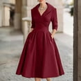 thumbnail image 2 of Women's V Neck Long Sleeve Waist Cinching Midi Dress Satin Fabric Cross Front Design With Pockets Flowy A Line Silhouette Elegant Formal Party Evening Retro Dress, 2 of 5