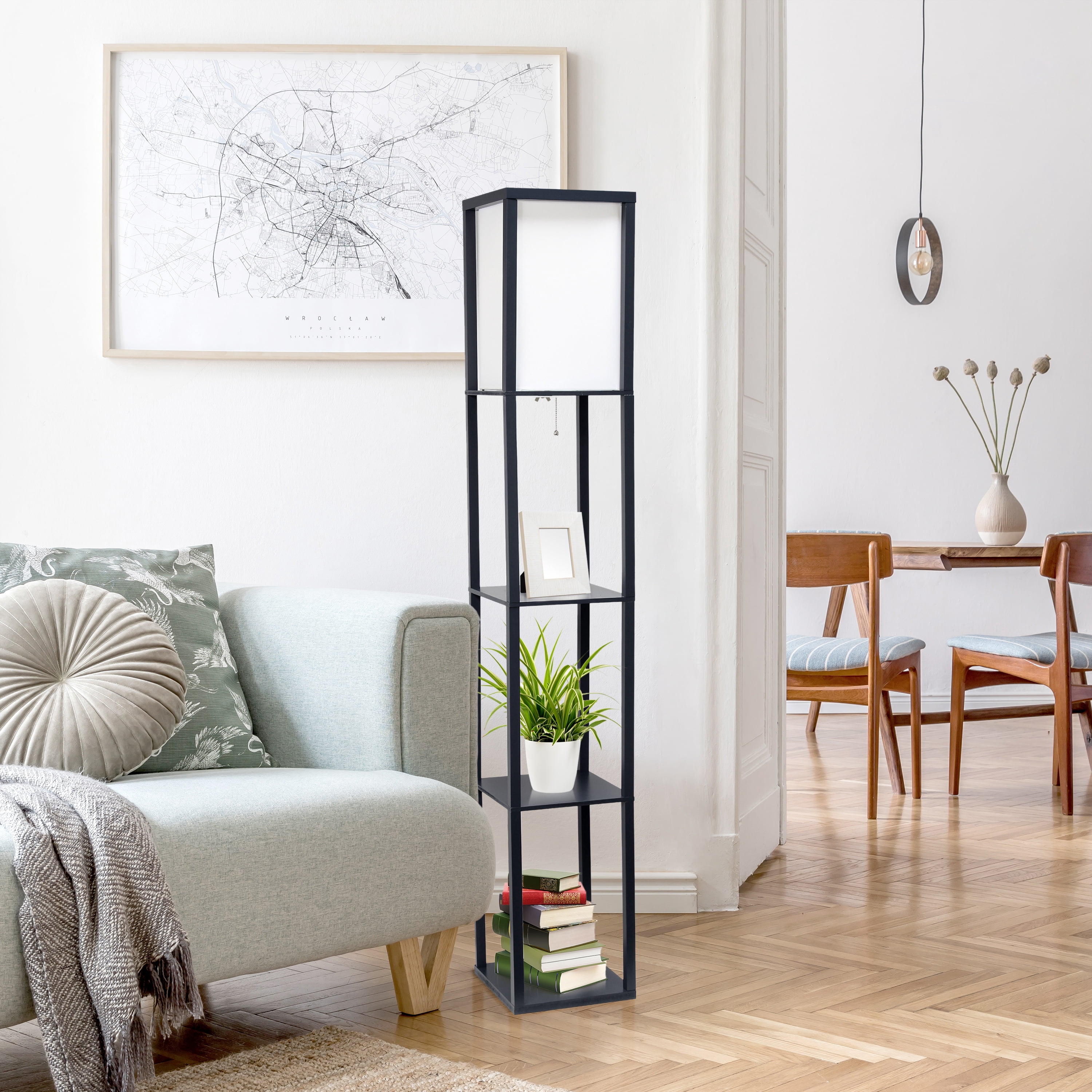 Lalia Home 62.5" 3-Shelf Column Storage Floor Lamp with Linen Shade and LED Bulb, Black