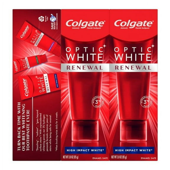 Colgate Optic White Renewal Teeth Whitening Toothpaste with Fluoride, 3% Hydrogen Peroxide, High Impact White - 3 Ounce (3 Pack)