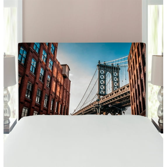New York Headboard, Manhattan Bridge Seen from Narrow Alley Island Borough Globally Influential Town NYC, Upholstered Decorative Metal Bed Headboard with Memory Foam, Twin Size, Blue Red, by Ambesonne