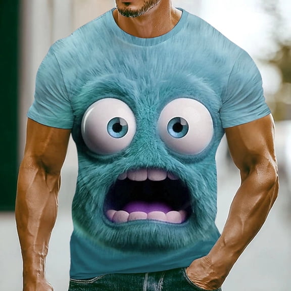 EliteGoogv Mens T Shirt Funny Expression Graphic Short Sleeve Tee For Men Breathable Casual Top With Cute Cartoon Face Summer Shirt Light Blue L