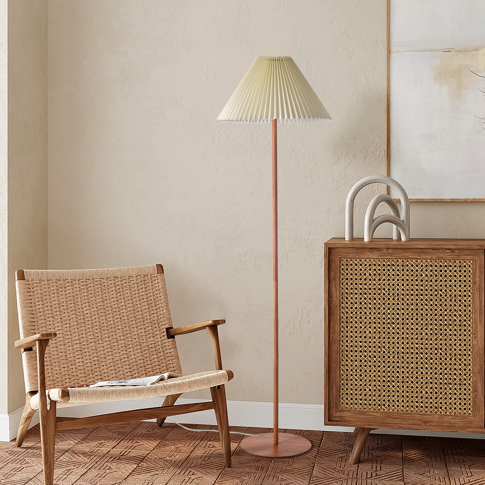 Wood Grain Vintage Pleated Floor Lamp, Farmhouse MCM Floor Lamp Standing Lamp Tall Lamp for Living Room, Office, Bedroom, Reading