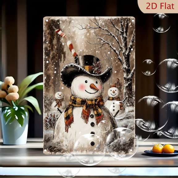 Vintage Winter Snowmen Scene 8x12in Metal Wall Art, Charming Three Snowmen with Plaid Scarves, Sepia Toned Holiday Illustration on Aged Paper Effect, Cozy Christmas Decor for Home