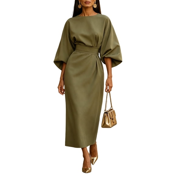 LoTiSee Women Solid Round Neck Batwing Sleeve Midi Dress Wide Waistband Front Pleated Slim Fit Elegant Office Evening Party Casual Long Dress