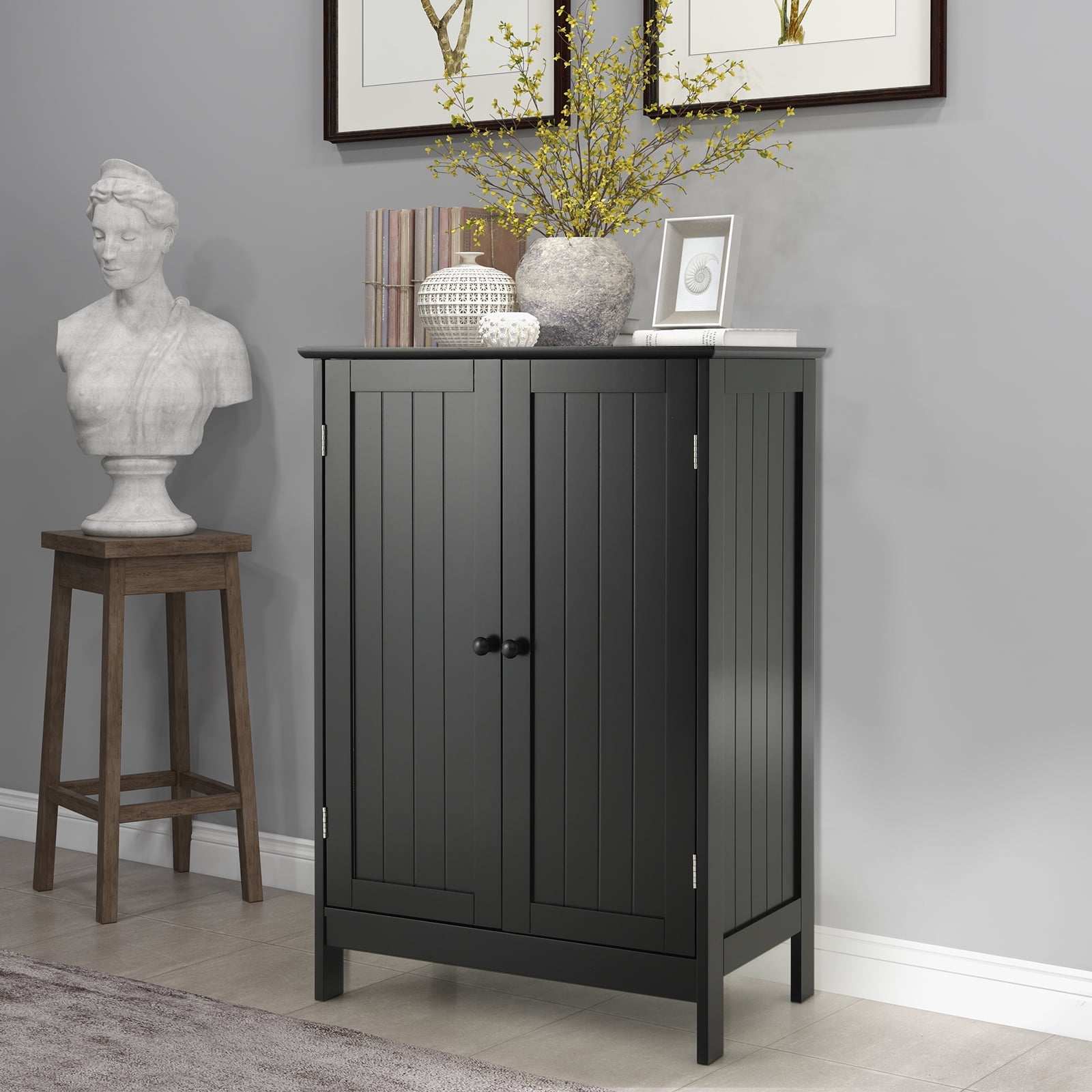 Topbuy Bathroom Storage Cabinet Freestanding Display Storage Organizer Cabinet w/ Double Doors Modern 3-Tier Floor Cabinet