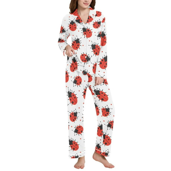 joogoo Pajamas Set for Women Ladybugs Polka Dots Long Sleeve Pjs Loungewear L