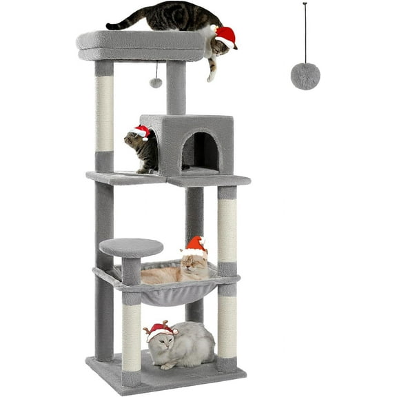 Cat Tree for Large Cats Adult with Metal Plush Big Hammock, 56.3" Cat TowerZ with 2 Door Condo House, 6-Tier Cat Shelves with Scratching Posts and Large Top Perch, Gray