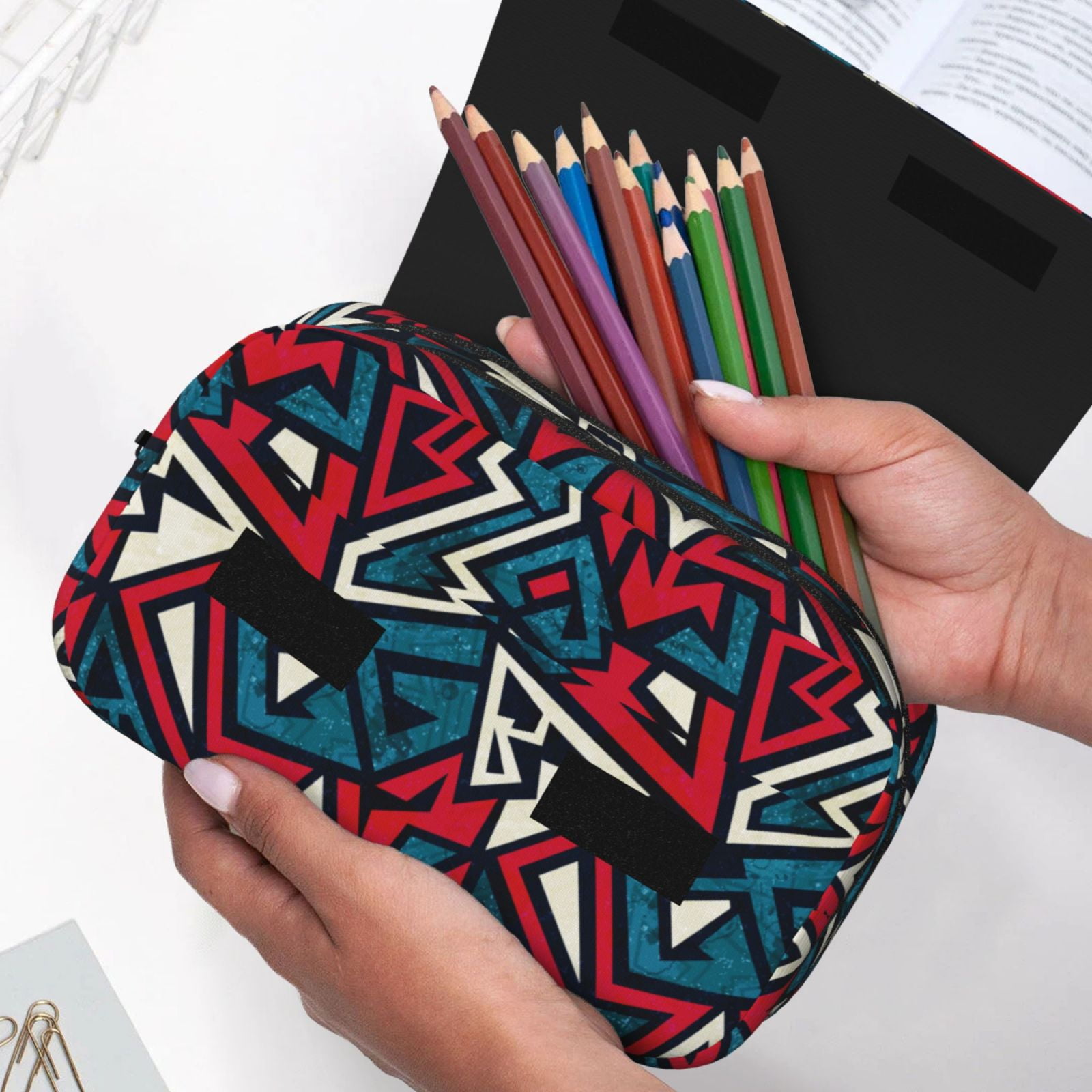 Rateoe Geometric Elements Pattern Double Clamshell Pen Case, Storage Organizer with Two Zipper Compartments– Holds Up to 50 Pencils & Pens