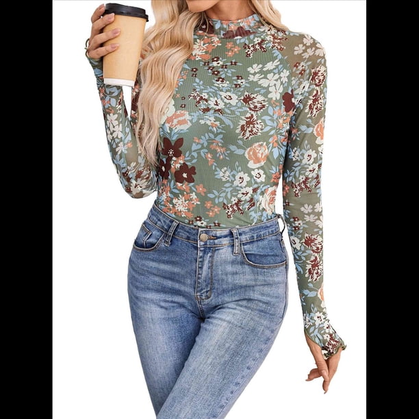 Top de Larga con Encaje Floral y Cuello Alto para Mujer Verde Oscuro XXL