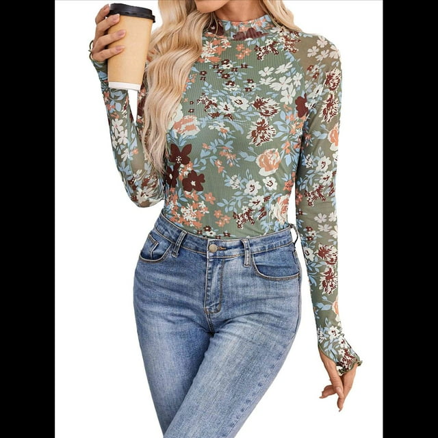 Top de Larga con Encaje Floral y Cuello Alto para Mujer Flores de Color Verde Oscuro M