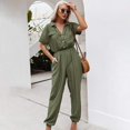 thumbnail image 4 of Combinaison pour Femmes, Mode Été Couleur Unie Col Rabattu Manches Courtes Bouton Poche Combinaison Décontractée, 4 of 8