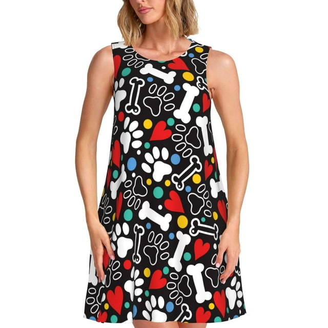 Fotbe Paw And Bones Vestido de Verano sin Mangas para Mujer – Vestido Midi Línea A, Estilo Camiseta Floral, Vestido Playero Casual y Fluido