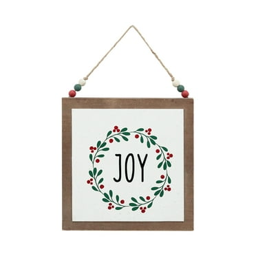 Parisloft Joy Rusitc Wood Wall Sign with Wood Bead String Hanger, Mini Christmas Wall Decor, 9.25"W